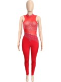 Red Mesh Patch Beaded Sleeveless High Neck Slinky Jumpsuit