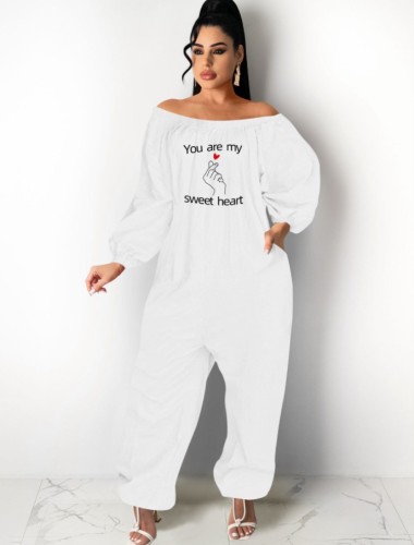 Print White Off Shoulder Long Sleeve Loose Jumpsuit with Pocket