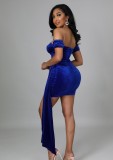 Blue Velvet Off Shoulder Short Sleeve Ruched Mini Dress
