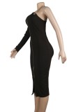 Black Single Shoulder One Sleeve Zipper Up Long Skinny Dress
