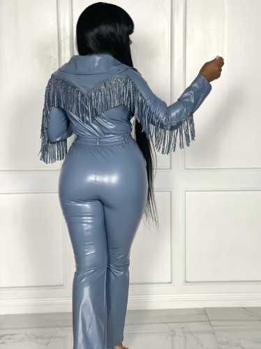 Blue Leather Turndown Collar Button Up Fringe Jumpsuit with Belt