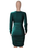 Green Velvet V-neck Ruched Long Sleeve Skinny Midi Dress