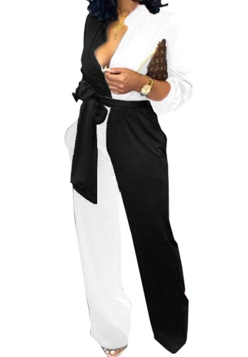 White and Black Contrast Button Long Sleeve Loose Jumpsuit With Belt