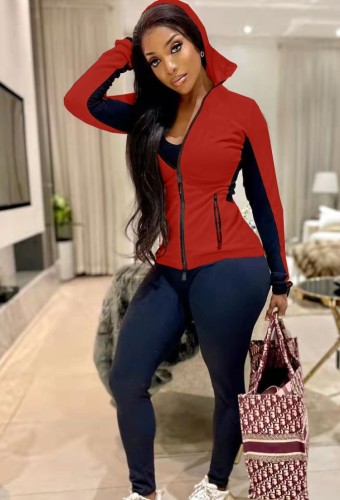 Red and Black Contrast Zip Up Long Sleeve Hoody Top and Pants 2PCS Set