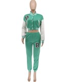 Letter Print Lt-Green Long Sleeve Short Baseball Jacket and Sweatpants 2PCS Set