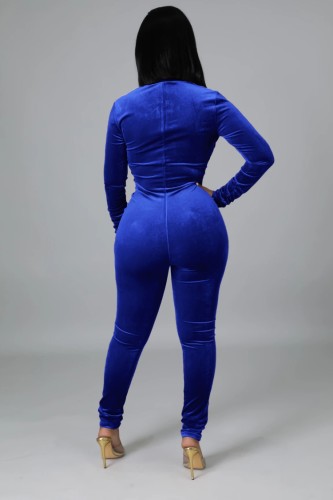 Blue Velvet Zipper Up Turtleneck Long Sleeve Sheath Jumpsuit