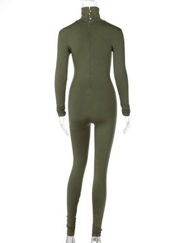 Green Long Sleeve High Neck Skinny Jumpsuit