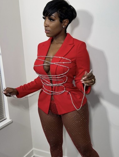 Red Chain Lace Up Long Sleeve Turndown Collar Blazer