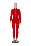 Red Velvet Zipper Up Turtleneck Long Sleeve Sheath Jumpsuit