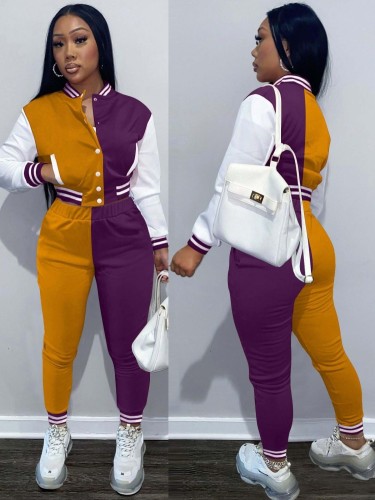 Contrast Color Button Open Long Sleeve Top with Pocket And Pant 2PCS Set