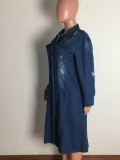 Dk-Blue Long Sleeve Button Up Turndown Collar Long Denim Dress