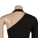 Black Single Shoulder One Sleeve Zipper Up Long Skinny Dress