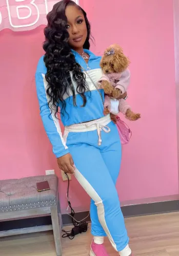 Color Block Zipper Collar Long Sleeves Shirt and Pants 2PCS Set