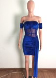 Blue Velvet Off Shoulder Short Sleeve Ruched Mini Dress