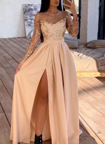 Pink Sequined Mesh Patched Long Sleeves Side Slit Pleated Maxi Dress