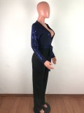 Blue Sequins Upper Deep-V Long Sleeve Jumpsuit with Belt