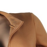 Khaki Zipper Open Long Sleeves Top and Tight Pants 2PCS Set