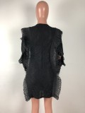 Black O-Neck Long Sleeve Ruffles Edge Skinny Mini Dress