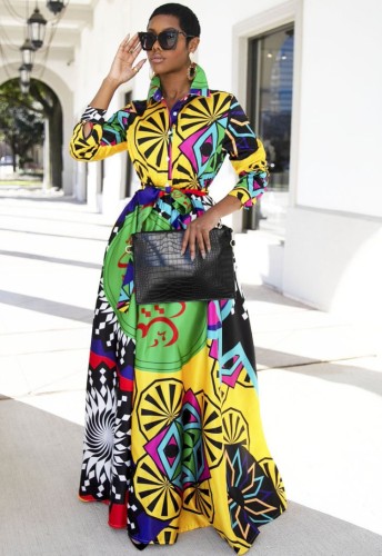 Colorful Print Turndown Collar Button Long Sleeve Maxi Dress with Belt