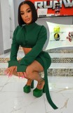 Green Midi Neck Long Sleeve Blouson Crop Top and Mini Skirt 2PCS Set