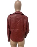 Red Pu Leather Zipper Open Long Sleeve Jacket with Pocket