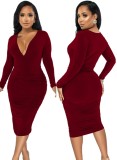 Wine Deep-V Long Sleeve Bodycon Midi Dress