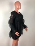 Black O-Neck Long Sleeve Ruffles Edge Skinny Mini Dress