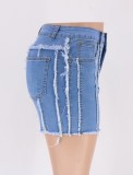 Blue Line Raw Edge High Waist Jeans Shorts with Pocket
