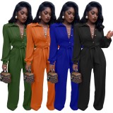 Green Button Up Turndown Collar Long Sleeve Jumpsuit with Belt
