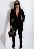 Black Velvet Ruched Long Sleeves Drawstring Hoody Jumpsuit with Pocket