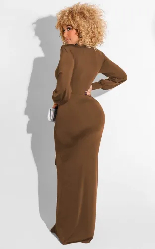 Brown Deep-V Long Sleeve Front Slit Tie Maxi Dress