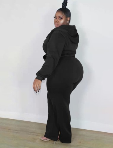 Plus Size Black Long Sleeve Zip Drawstring Hoody Top and Sweatpants 2PCS Set