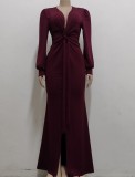 Wine Deep-V Long Sleeve Front Slit Tie Maxi Dress