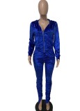 Blue Velvet Ruched Long Sleeves Drawstring Hoody Jumpsuit with Pocket