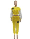 Letter Print Yellow Long Sleeve Short Baseball Jacket and Sweatpants 2PCS Set