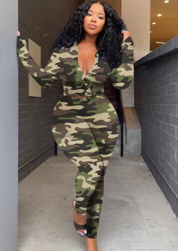 Camo Print Long Sleeve Button Open Blouse Crop Top and Pants 2PCS Set