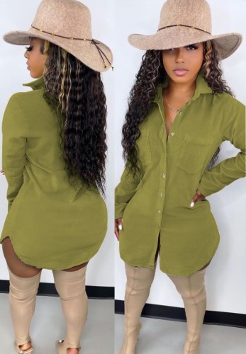 Green Button Up Long Sleeves Side Split Long Blouse
