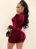 Red Velvet High Neck Long Sleeve Cut Out Ruched Skinny Mini Dress