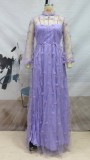 Purple Mesh Patched Long Sleeves Side Slit Maxi Dress