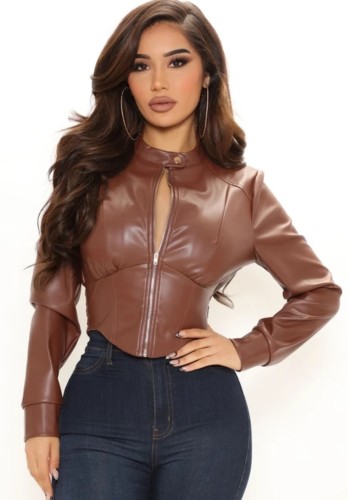 Trendy Brown Leather Long Sleeves Zipped Up Bustier Jacket