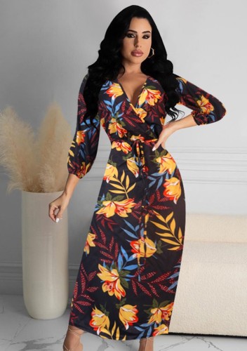 Floral Print Long Sleeves V-Neck Wrap Maxi Dress with Belt