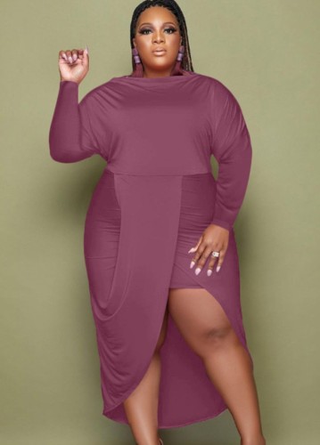 Plus Szie Purple Solid Ruched Long Sleeve Asymmetric Long Dress