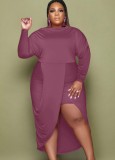 Plus Szie Purple Solid Ruched Long Sleeve Asymmetric Long Dress