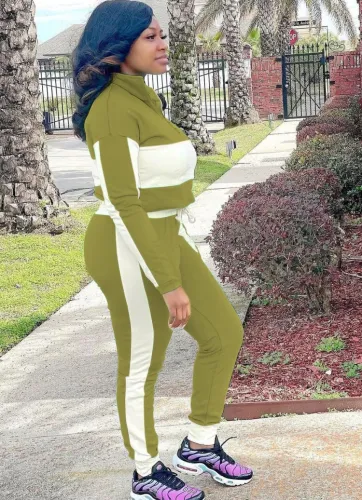 Color Block Zipper Collar Long Sleeves Shirt and Pants 2PCS Set