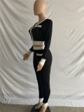 Black and White Contrast Button Up Long Sleeve Top And Pant 2PCS Set