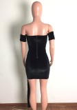 Black Velvet Off Shoulder Short Sleeve Ruched Mini Dress