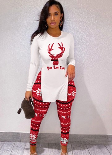 Christmas Print Long Sleeve Slit Fitted Long Top and Red Pants 2PCS Set