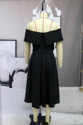 Black Off Shoulder Short Sleeve Pleated Midi Dress