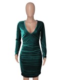 Green Velvet V-neck Ruched Long Sleeve Skinny Midi Dress
