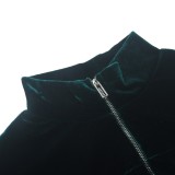 Green Velvet Zipper Up Turtleneck Long Sleeve Sheath Jumpsuit